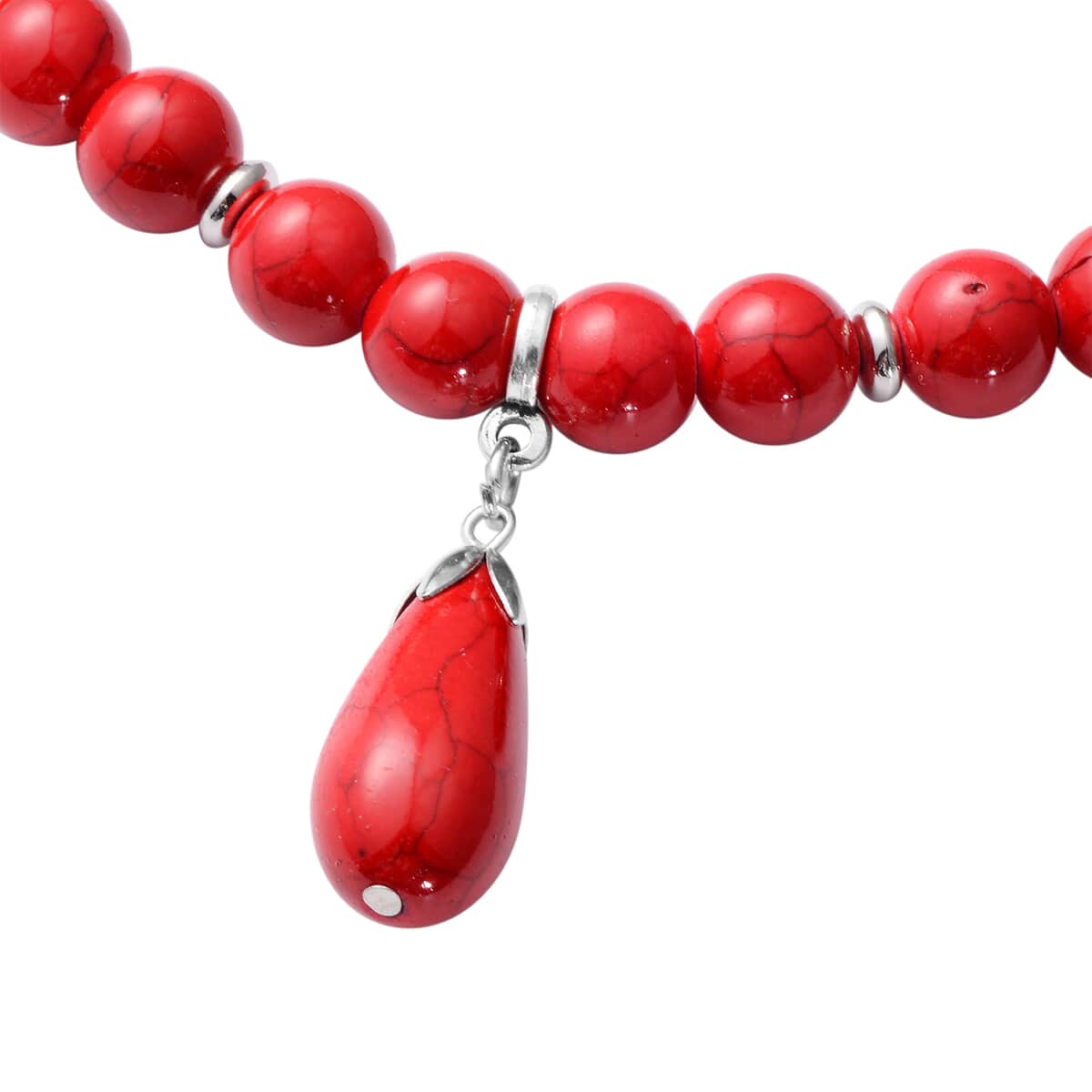 Freshened Red Howlite Beaded Necklace with Drop Pendant 18-20 Inches in Silvertone 268.50 ctw image number 2