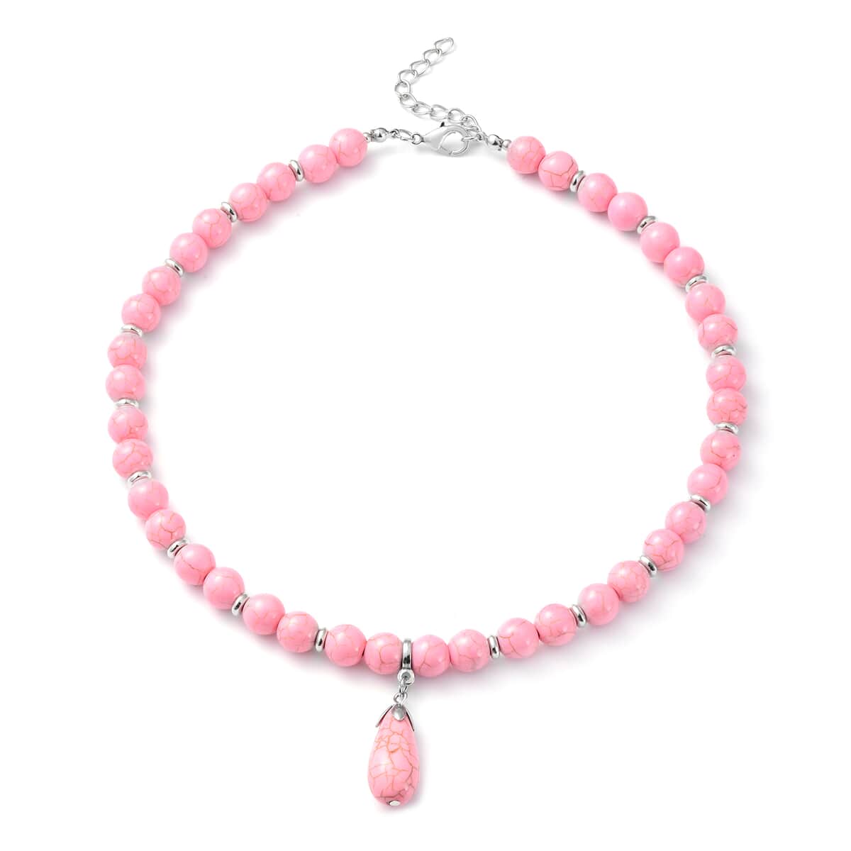 Freshened Pink Howlite Beaded Necklace with Drop Pendant 18-20 Inches in Silvertone 253.00 ctw image number 0