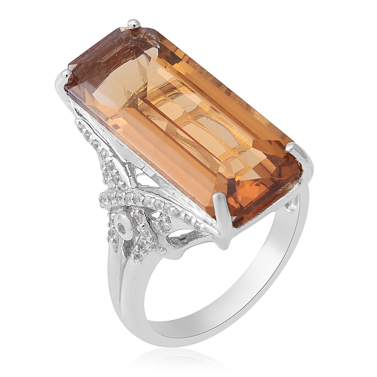 Strap Cut Brazilian Citrine and White Zircon Elongated Ring in Platinum Over Sterling Silver (Size 6.0) 9 Grams 15.20 ctw image number 2