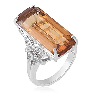 Strap Cut Brazilian Citrine and White Zircon Elongated Ring in Platinum Over Sterling Silver (Size 6.0) 9 Grams 15.20 ctw