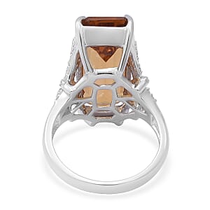 Strap Cut Brazilian Citrine and White Zircon Elongated Ring in Platinum Over Sterling Silver (Size 6.0) 9 Grams 15.20 ctw