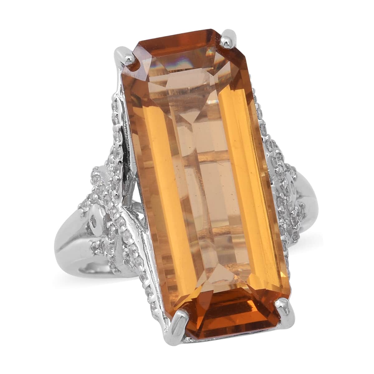 Strap Cut Brazilian Citrine and White Zircon Elongated Ring in Platinum Over Sterling Silver (Size 7.0) 9 Grams 15.20 ctw image number 0