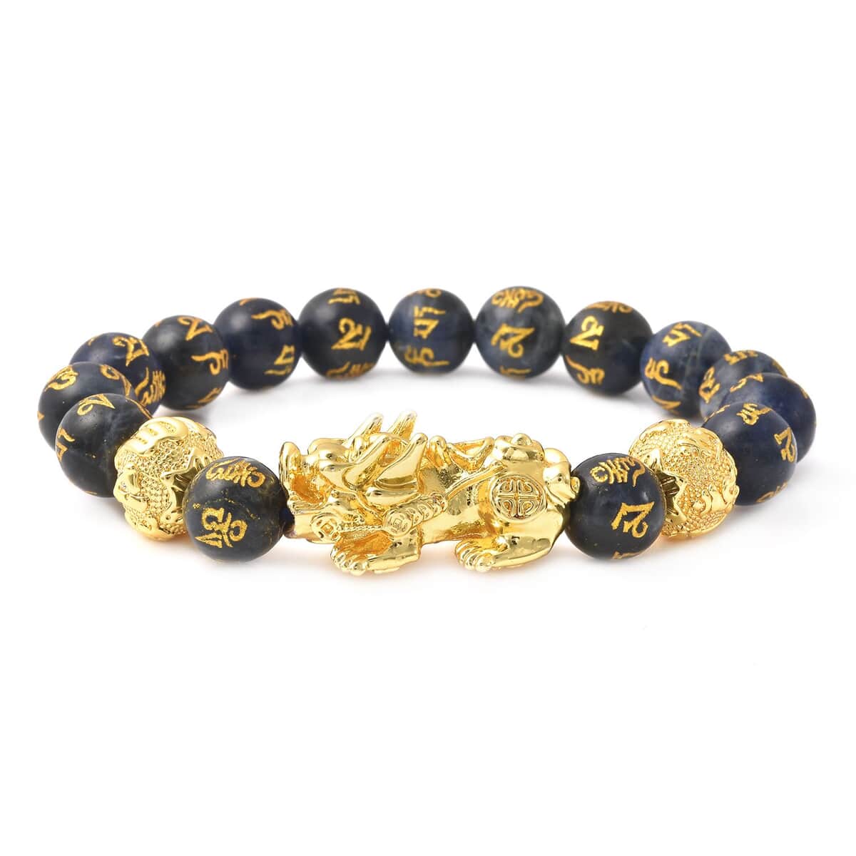 Feng Shui Pixiu Charm Sodalite Carved Beads Stretch Bracelet in Goldtone, Stretchable Bracelet, Good Luck Birthday Gift t (6.50 In) 146.50 ctw image number 0