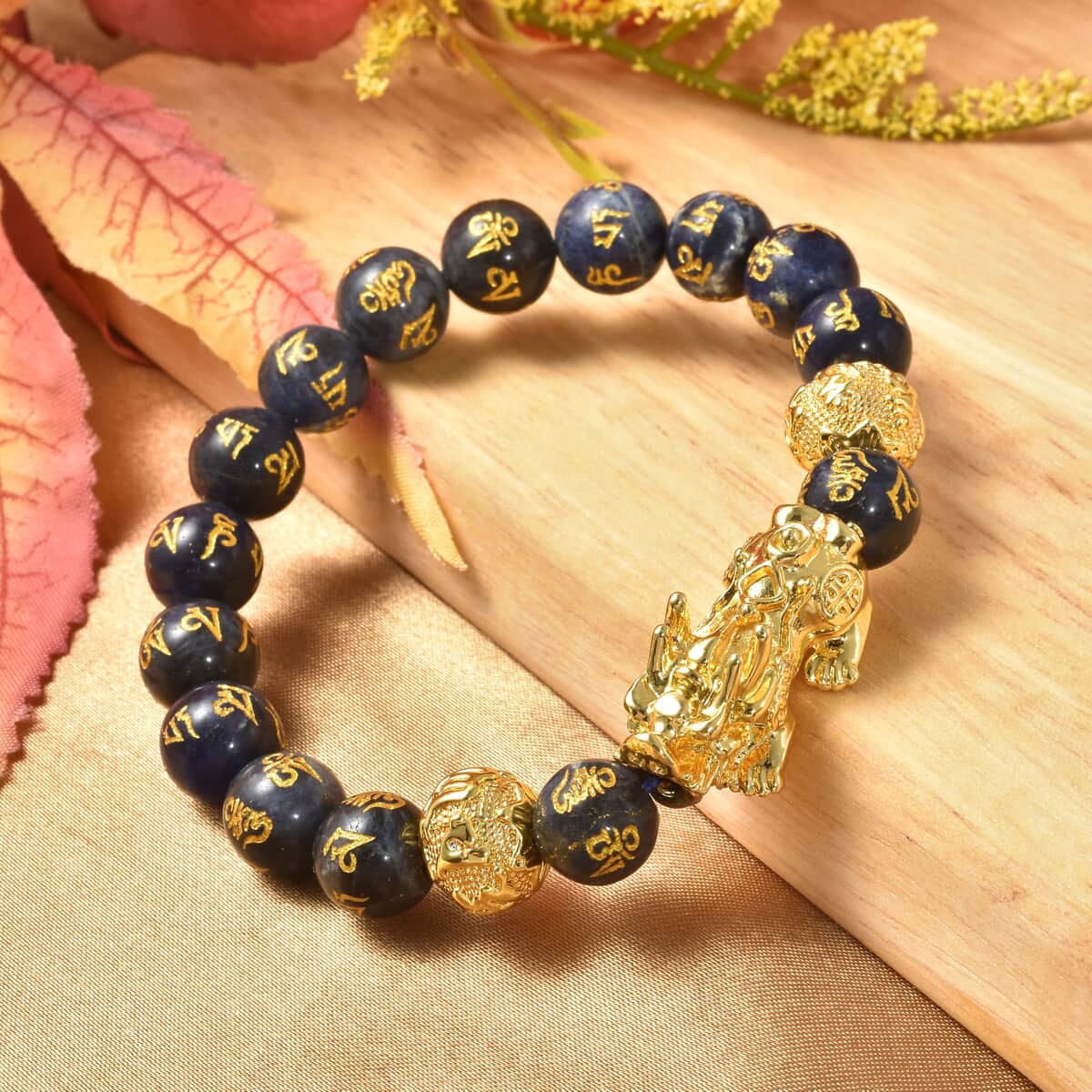 Feng Shui Pixiu Charm Sodalite Carved Beads Stretch Bracelet in Goldtone, Stretchable Bracelet, Good Luck Birthday Gift t (6.50 In) 146.50 ctw image number 1