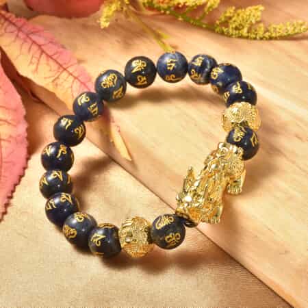 Feng Shui Pixiu Charm Sodalite Carved Beads Stretch Bracelet in Goldtone, Stretchable Bracelet, Good Luck Birthday Gift t (6.50 In) 146.50 ctw image number 1