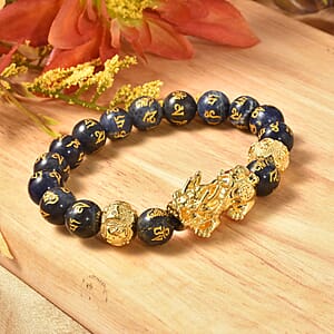 Feng Shui Pixiu Charm Sodalite Carved Beads Stretch Bracelet in Goldtone, Stretchable Bracelet, Good Luck Birthday Gift t (6.50 In) 146.50 ctw