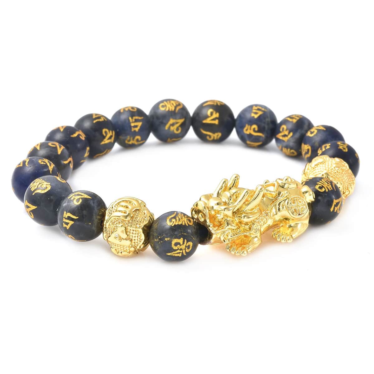 Feng Shui Pixiu Charm Sodalite Carved Beads Stretch Bracelet in Goldtone, Stretchable Bracelet, Good Luck Birthday Gift t (6.50 In) 146.50 ctw image number 3
