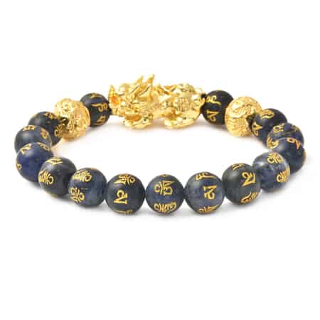 Feng Shui Pixiu Charm Sodalite Carved Beads Stretch Bracelet in Goldtone, Stretchable Bracelet, Good Luck Birthday Gift t (6.50 In) 146.50 ctw image number 4
