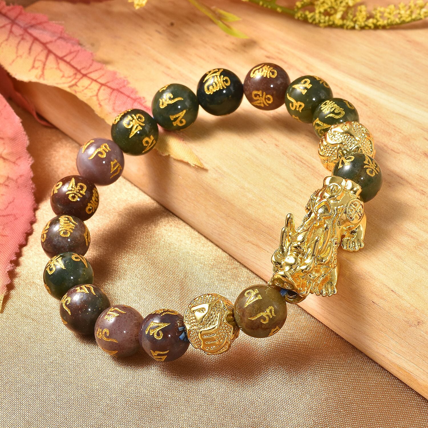 Feng Shui Pixiu Charm Indian Agate Carved Beads Stretch Bracelet in Goldtone, Stretchable Bracelet, Good Luck Birthday Gift (6.50 In) 152.00 ctw
