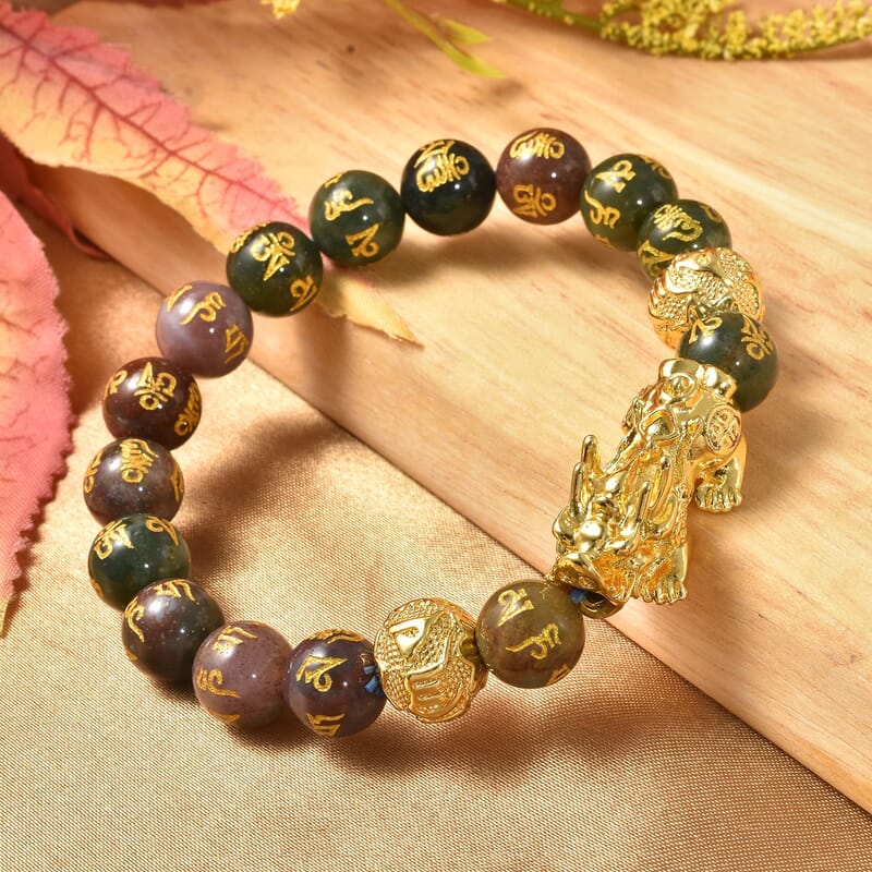 Feng Shui Pixiu Charm Indian Agate Carved Beads Stretch Bracelet in Goldtone, Stretchable Bracelet, Good Luck Birthday Gift (6.50 In) 152.00 ctw