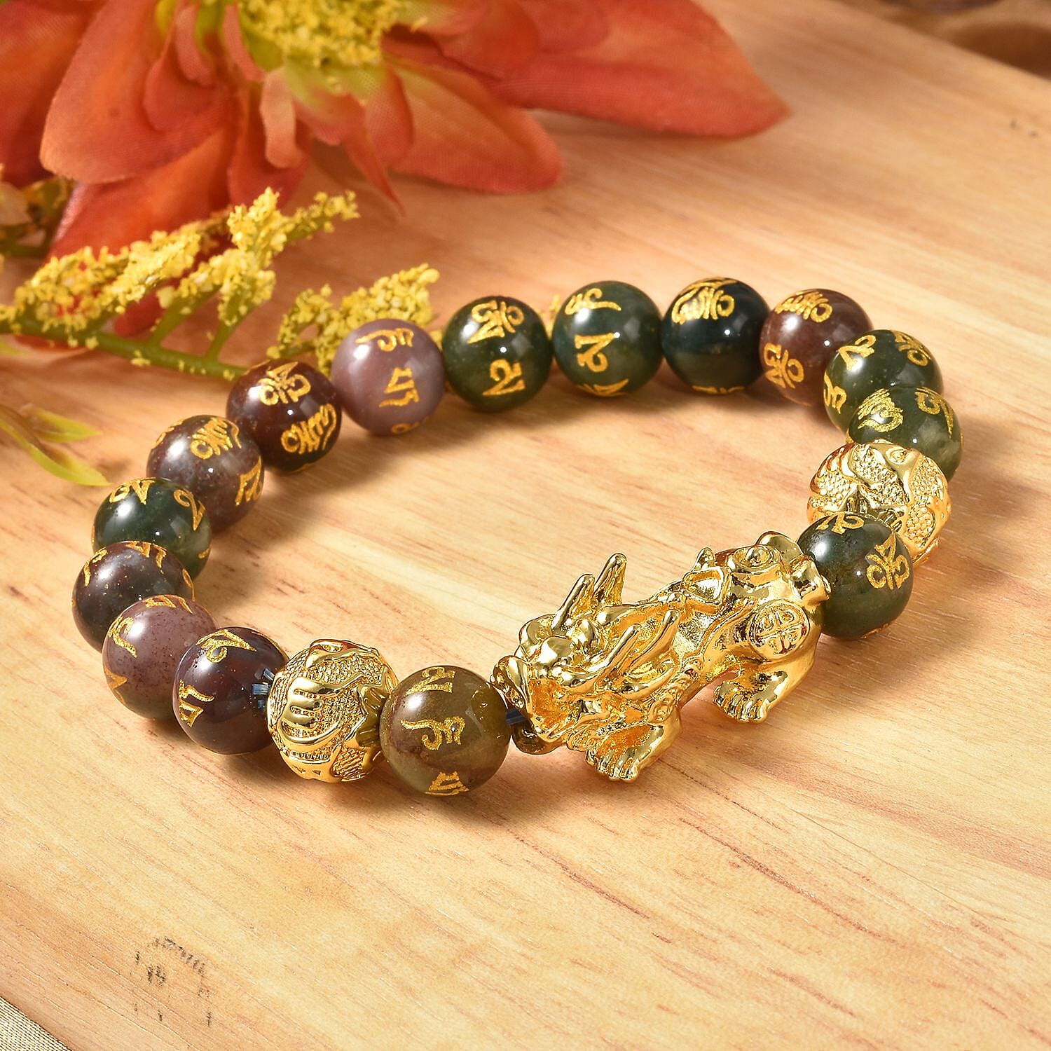 Feng Shui Pixiu Charm Indian Agate Carved Beads Stretch Bracelet in Goldtone, Stretchable Bracelet, Good Luck Birthday Gift (6.50 In) 152.00 ctw