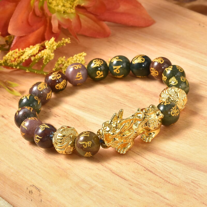 Feng Shui Pixiu Charm Indian Agate Carved Beads Stretch Bracelet in Goldtone, Stretchable Bracelet, Good Luck Birthday Gift (6.50 In) 152.00 ctw