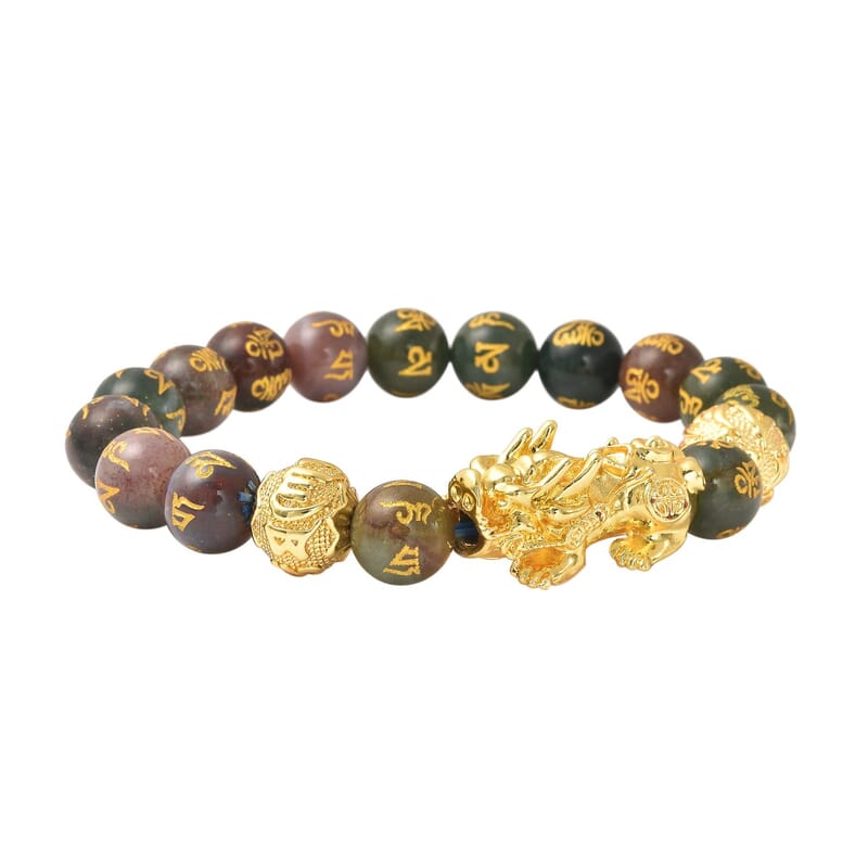Feng Shui Pixiu Charm Indian Agate Carved Beads Stretch Bracelet in Goldtone, Stretchable Bracelet, Good Luck Birthday Gift (6.50 In) 152.00 ctw