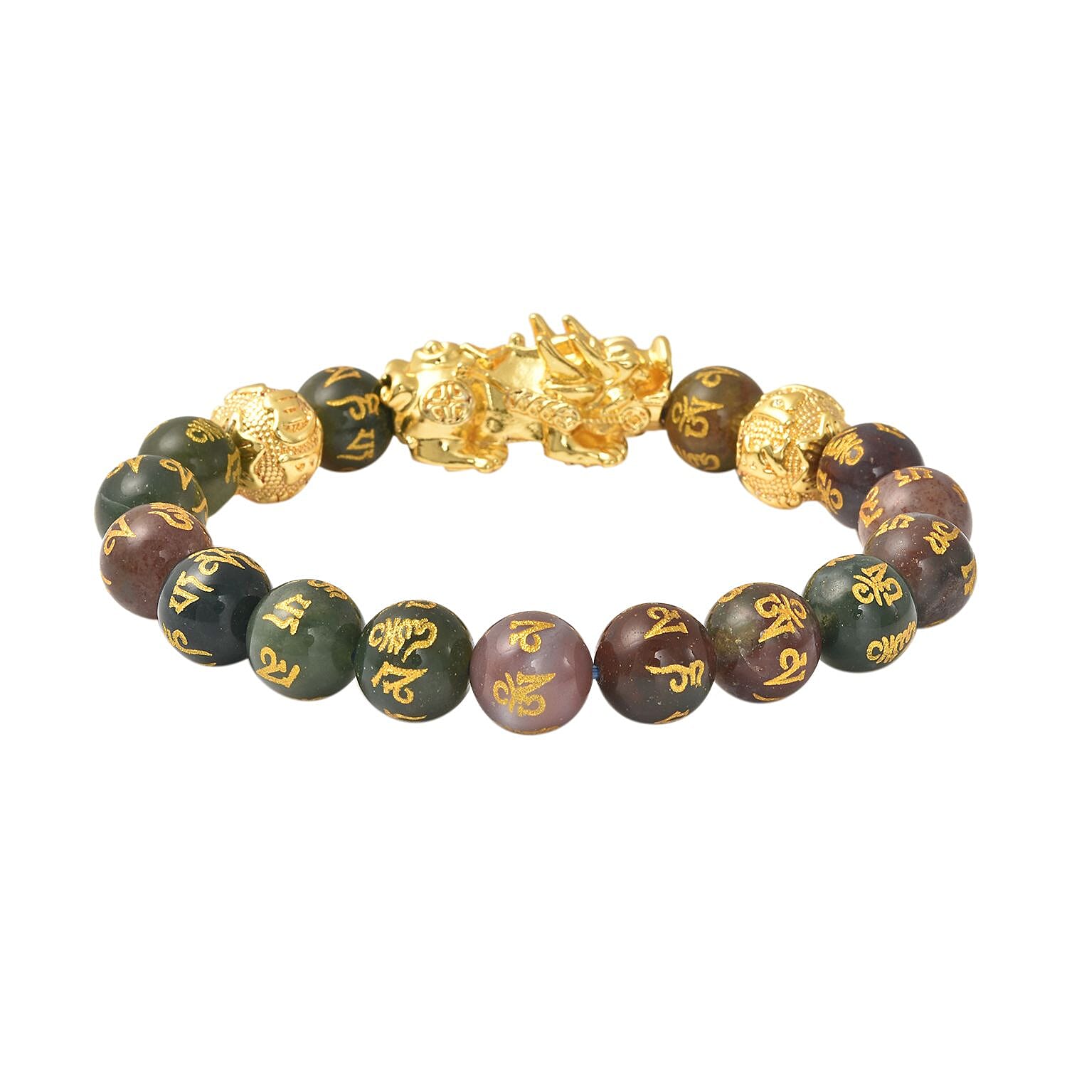 Feng Shui Pixiu Charm Indian Agate Carved Beads Stretch Bracelet in Goldtone, Stretchable Bracelet, Good Luck Birthday Gift (6.50 In) 152.00 ctw