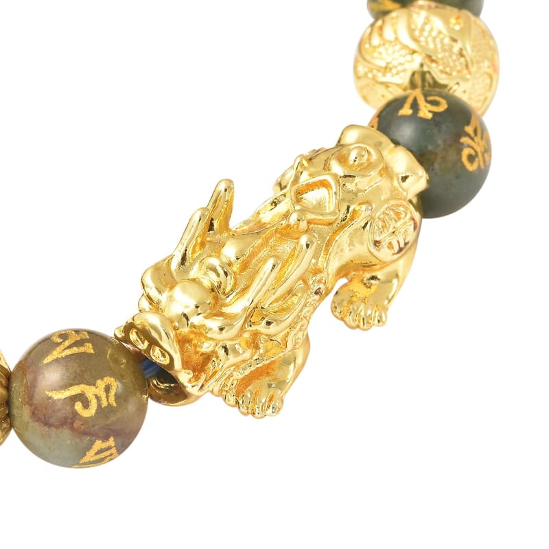 Feng Shui Pixiu Charm Indian Agate Carved Beads Stretch Bracelet in Goldtone, Stretchable Bracelet, Good Luck Birthday Gift (6.50 In) 152.00 ctw
