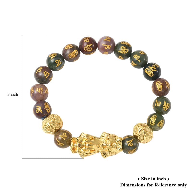 Feng Shui Pixiu Charm Indian Agate Carved Beads Stretch Bracelet in Goldtone, Stretchable Bracelet, Good Luck Birthday Gift (6.50 In) 152.00 ctw