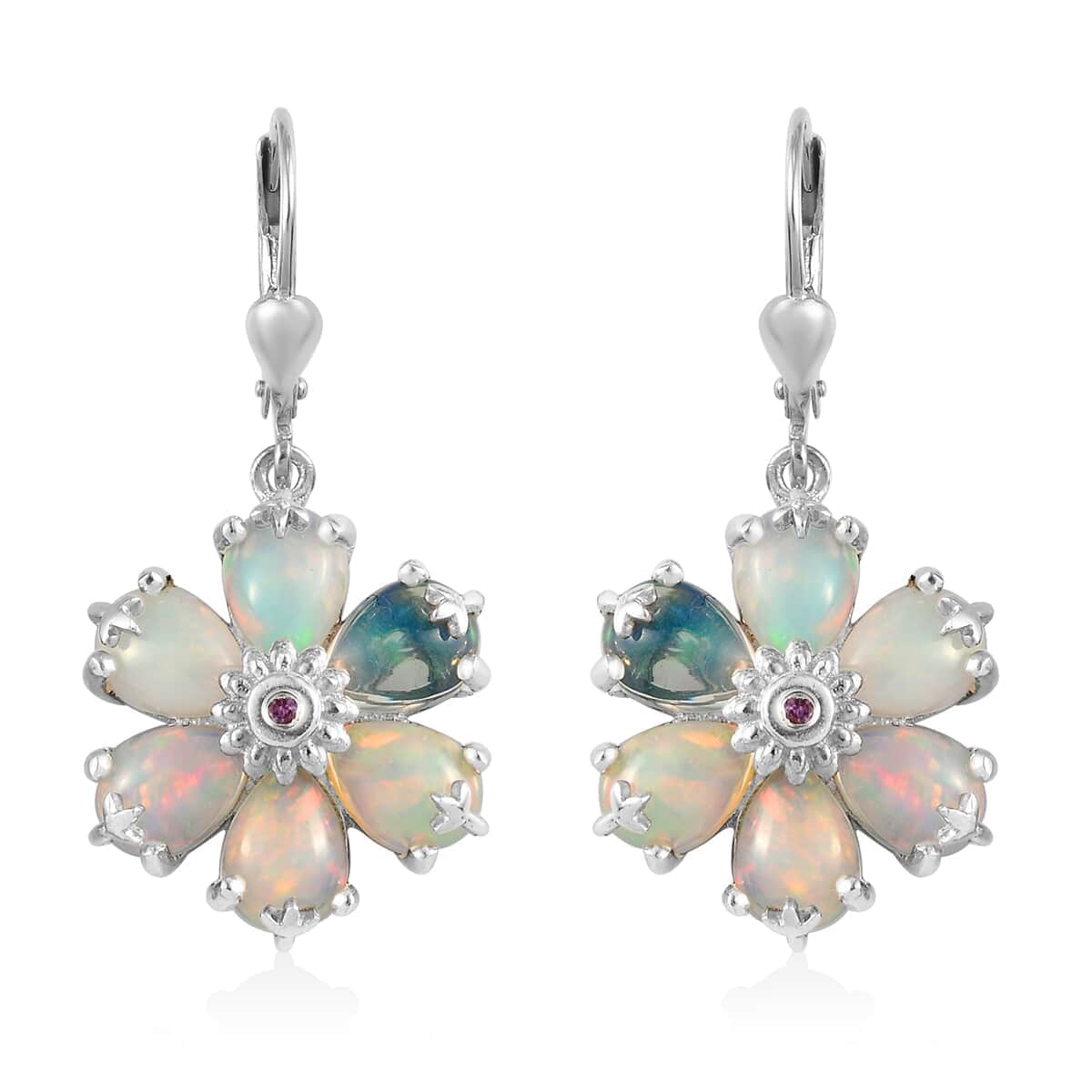 Ethiopian Welo Opal and Madagascar Pink Sapphire Flower Dangle Earrings in Platinum Over Sterling Silver 6.35 ctw image number 0