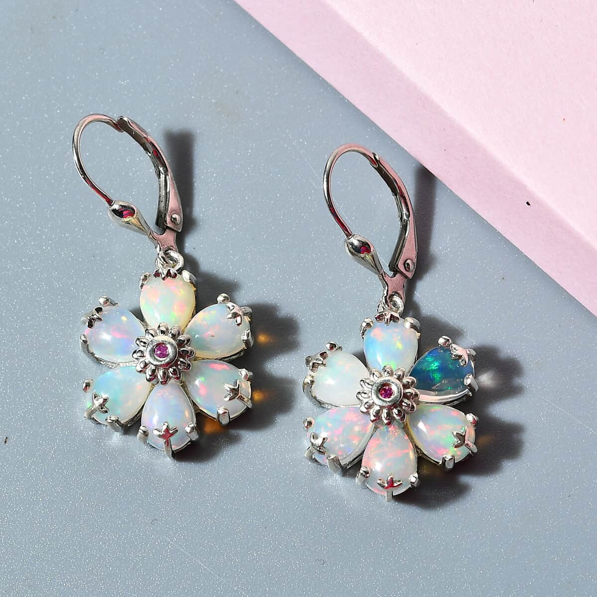 Ethiopian Welo Opal and Madagascar Pink Sapphire Flower Dangle Earrings in Platinum Over Sterling Silver 6.35 ctw image number 1