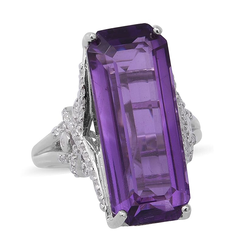 Lusaka Amethyst and Natural White Zircon Elongated Ring in Platinum Over Sterling Silver (Size 9.0) 9 Grams 16.50 ctw