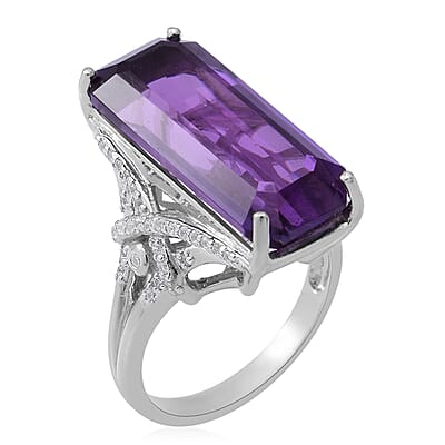 Lusaka Amethyst and Natural White Zircon Elongated Ring in Platinum Over Sterling Silver (Size 9.0) 9 Grams 16.50 ctw