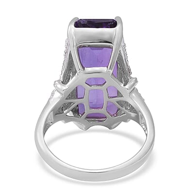 Lusaka Amethyst and Natural White Zircon Elongated Ring in Platinum Over Sterling Silver (Size 9.0) 9 Grams 16.50 ctw