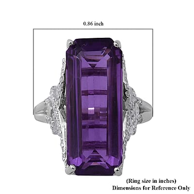 Lusaka Amethyst and Natural White Zircon Elongated Ring in Platinum Over Sterling Silver (Size 9.0) 9 Grams 16.50 ctw