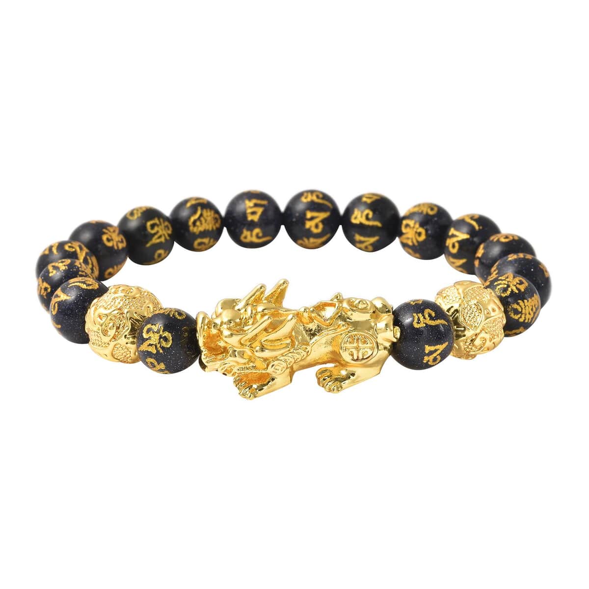 Feng Shui Pixiu Charm Blue Sandstone Carved Beads Stretch Bracelet in Goldtone, Stretchable Bracelet, Good Luck Birthday Gift (6.50 In) 146.00 ctw image number 0