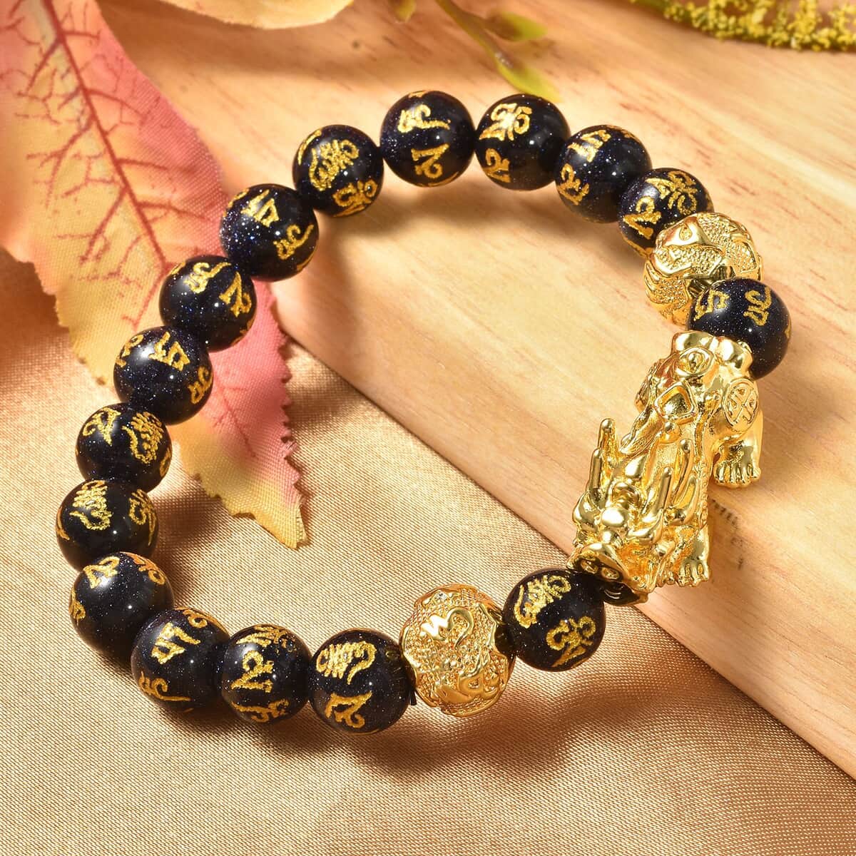 Feng Shui Pixiu Charm Blue Sandstone Carved Beads Stretch Bracelet in Goldtone, Stretchable Bracelet, Good Luck Birthday Gift (6.50 In) 146.00 ctw image number 1