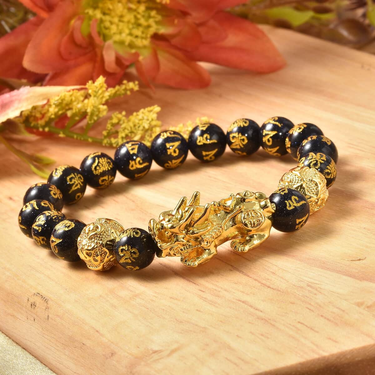 Feng Shui Pixiu Charm Blue Sandstone Carved Beads Stretch Bracelet in Goldtone, Stretchable Bracelet, Good Luck Birthday Gift (6.50 In) 146.00 ctw image number 2