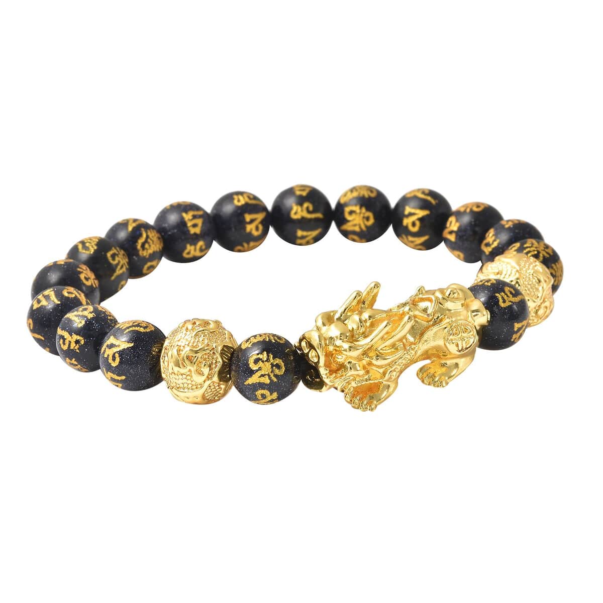 Feng Shui Pixiu Charm Blue Sandstone Carved Beads Stretch Bracelet in Goldtone, Stretchable Bracelet, Good Luck Birthday Gift (6.50 In) 146.00 ctw image number 3