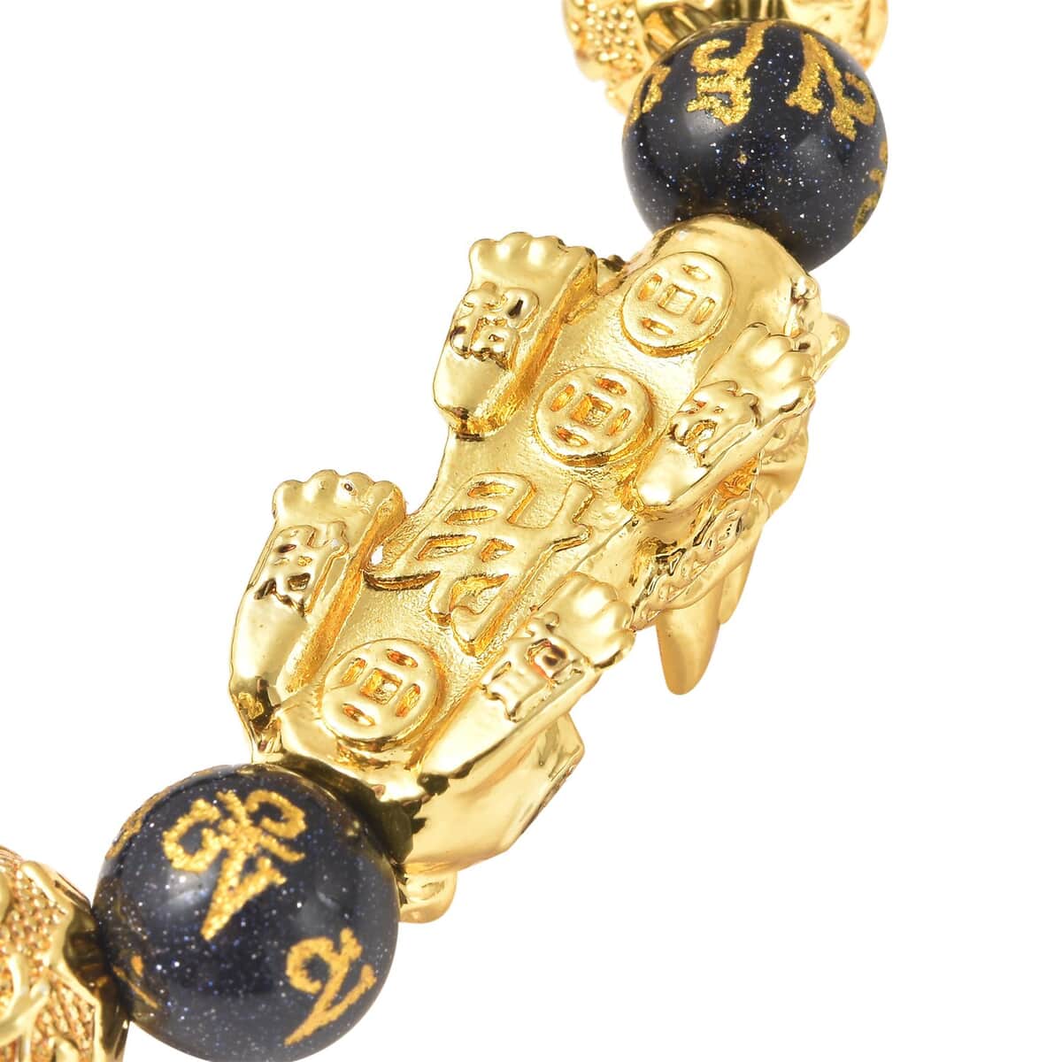 Feng Shui Pixiu Charm Blue Sandstone Carved Beads Stretch Bracelet in Goldtone, Stretchable Bracelet, Good Luck Birthday Gift (6.50 In) 146.00 ctw image number 5
