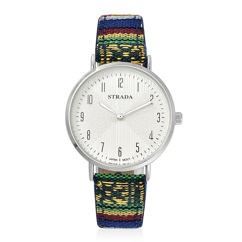 Strada Japanese Movement Watch with Yellow and Green Multi Color Bohemian Textile Vegan Leather Strap