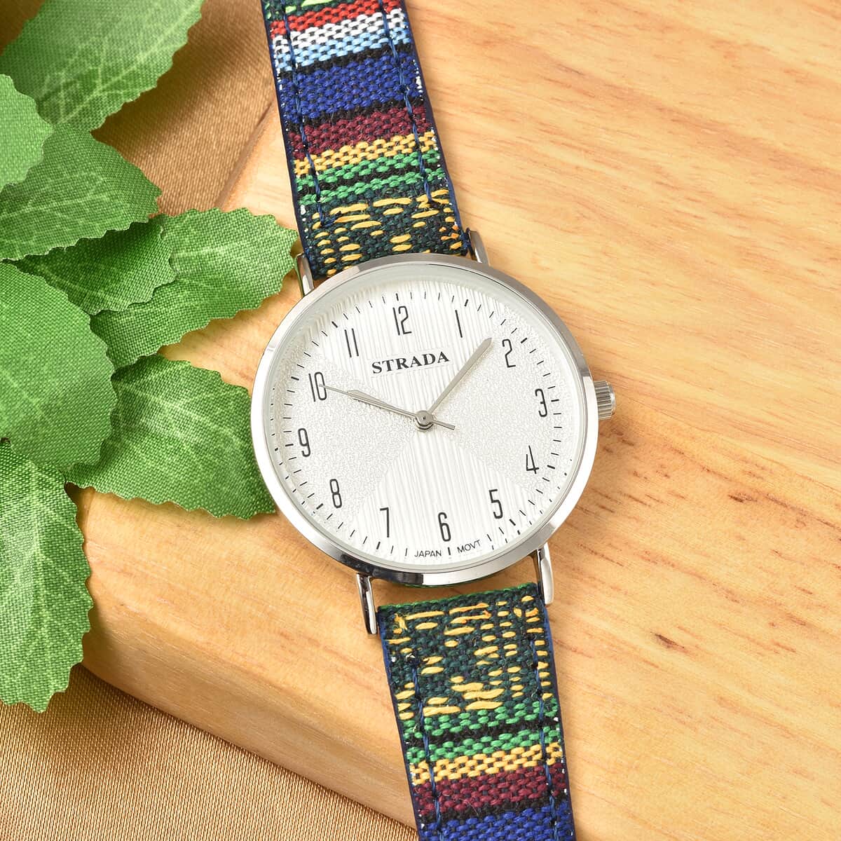 STRADA Japanese Movement Watch with Yellow and Green Pattern Faux Leather Strap image number 1