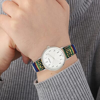 Strada Japanese Movement Watch with Yellow and Green Multi Color Bohemian Textile Vegan Leather Strap