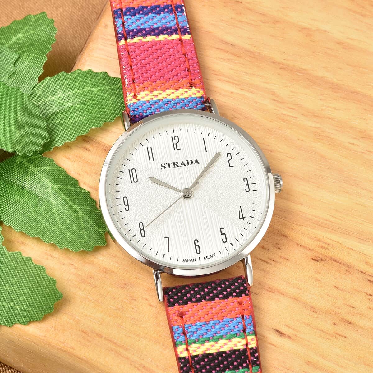 Strada Japanese Movement Watch with Rose Red Multi Color Bohemian Textile Vegan Leather Strap image number 1