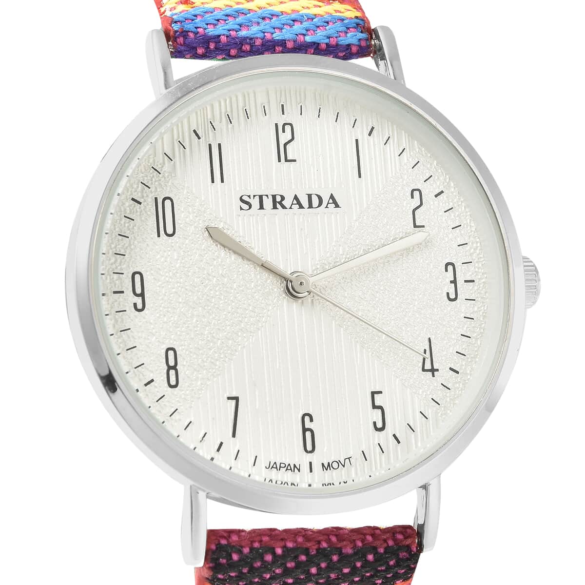 Strada Japanese Movement Watch with Rose Red Multi Color Bohemian Textile Vegan Leather Strap image number 3