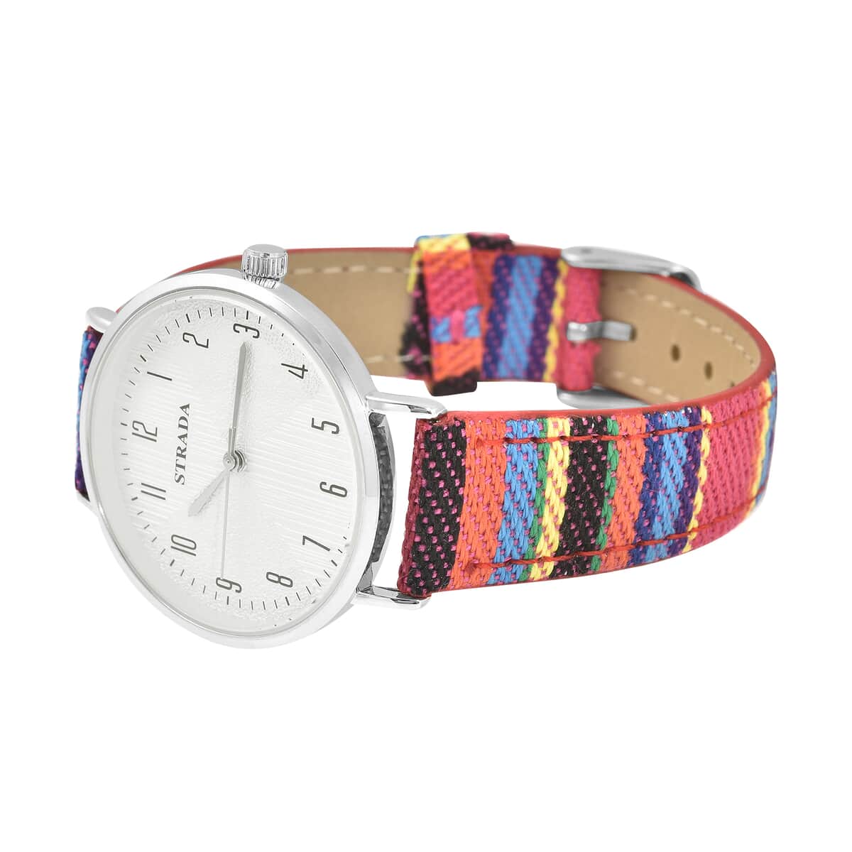 Strada Japanese Movement Watch with Rose Red Multi Color Bohemian Textile Vegan Leather Strap image number 4