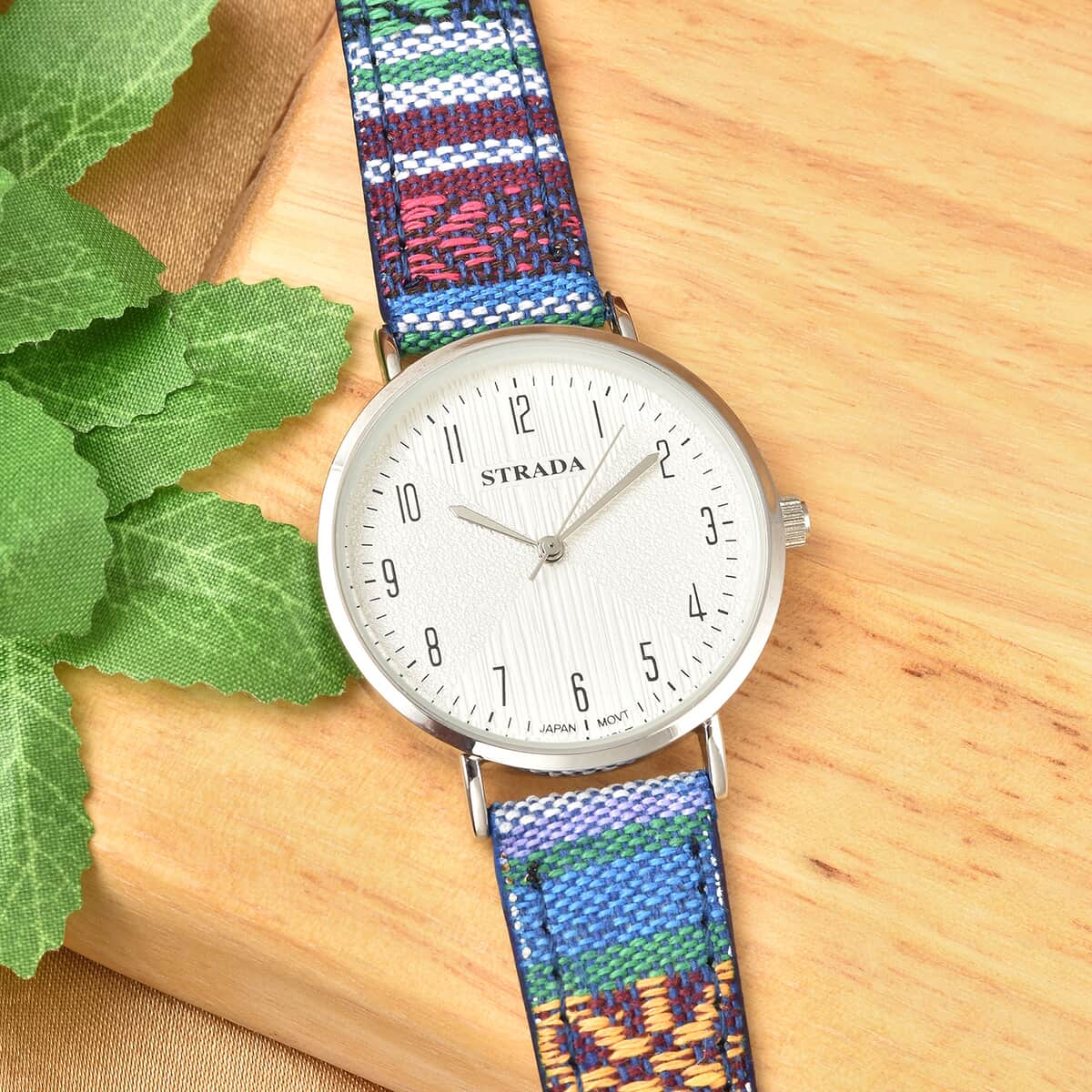 Strada Japanese Movement Watch with Rose Red and Blue Multi Color Bohemian Textile Vegan Leather Strap image number 1