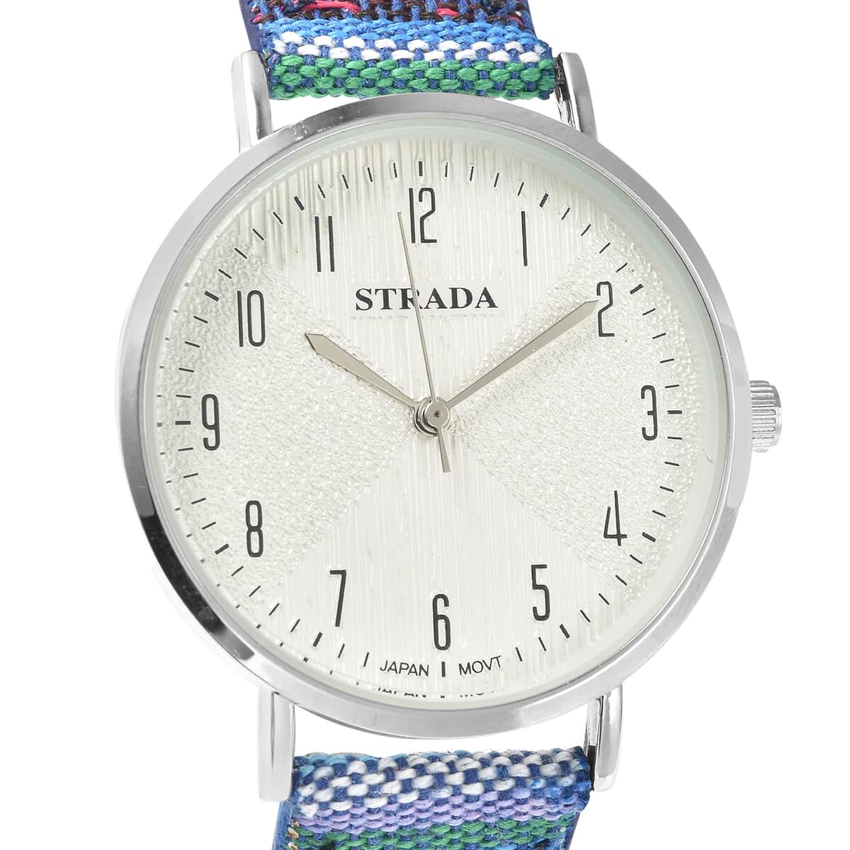 Strada Japanese Movement Watch with Rose Red and Blue Multi Color Bohemian Textile Vegan Leather Strap image number 3