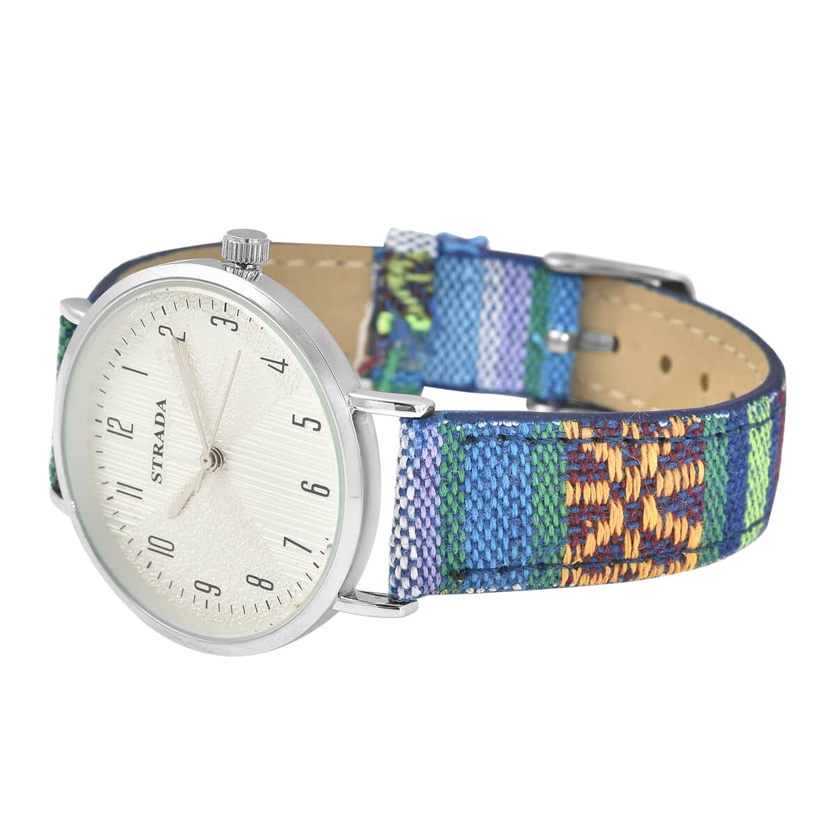 Strada Japanese Movement Watch with Rose Red and Blue Multi Color Bohemian Textile Vegan Leather Strap image number 4