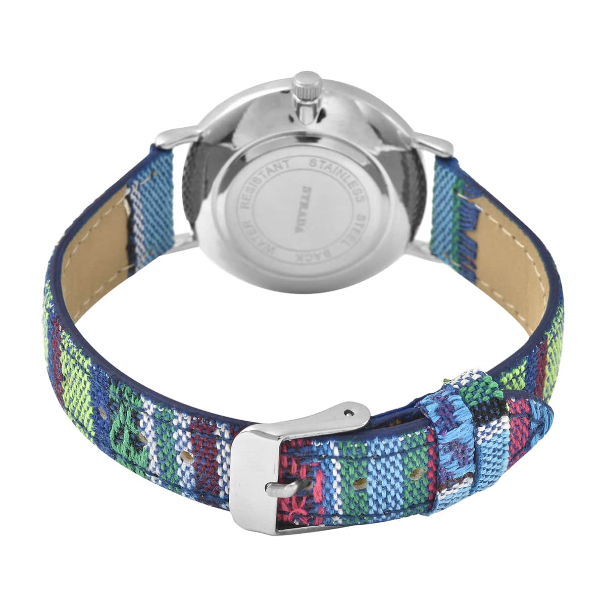 Strada Japanese Movement Watch with Rose Red and Blue Multi Color Bohemian Textile Vegan Leather Strap image number 5