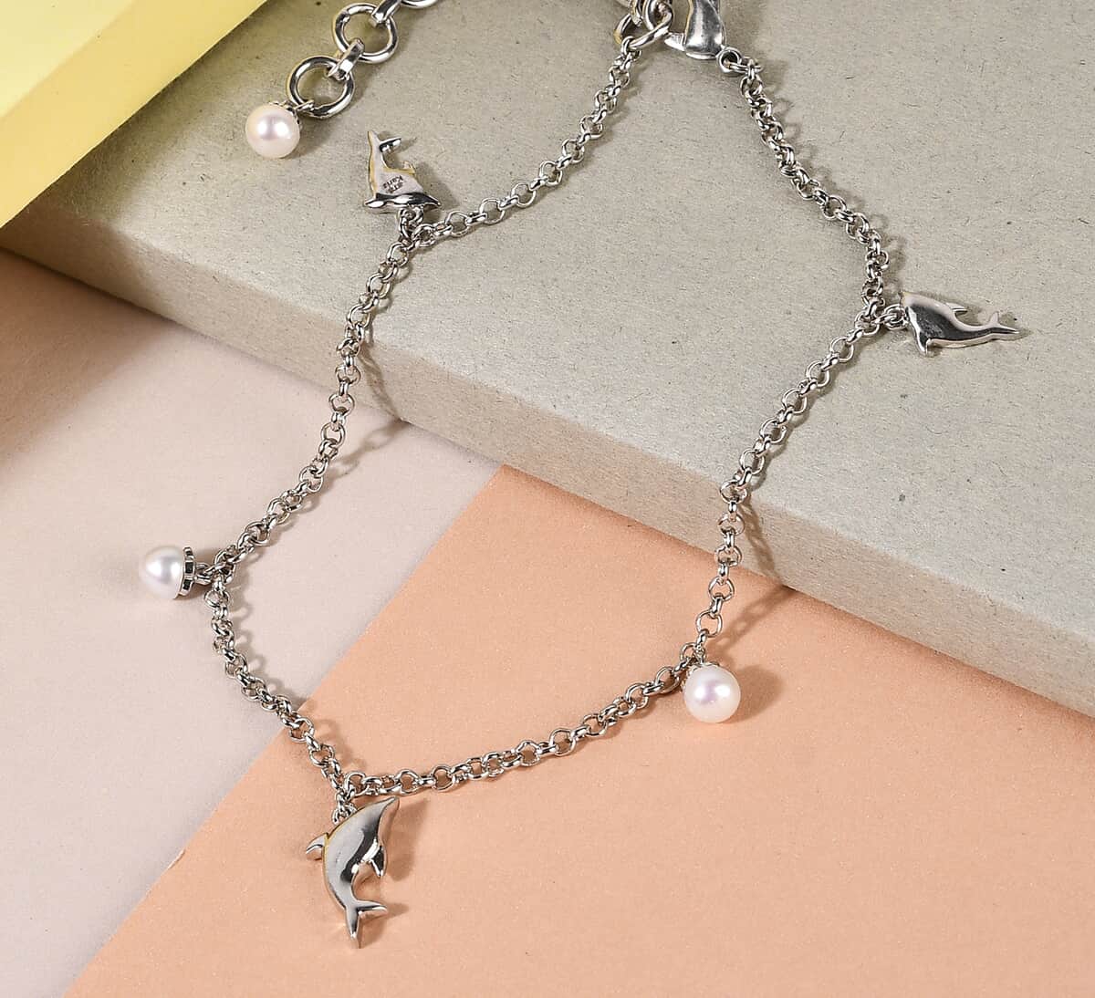 Karis Freshwater Pearl Anklet with Charm in Platinum Bond image number 1