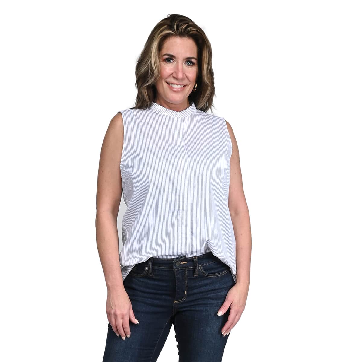 TAHARI White with Black Striped Sleeveless Button-up Blouse - M image number 0