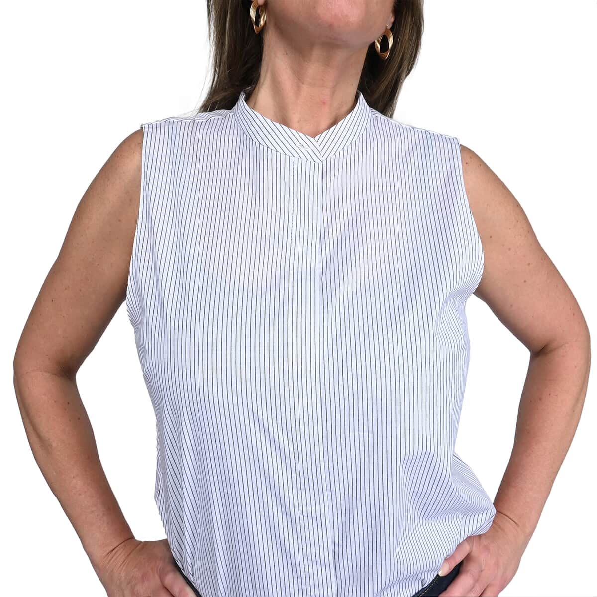 TAHARI White with Black Striped Sleeveless Button-up Blouse - M image number 3