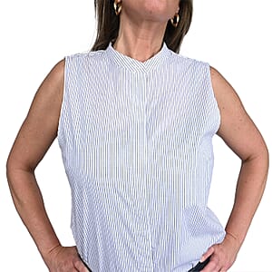 Tahari White with Black Striped Sleeveless Button-up Blouse - M