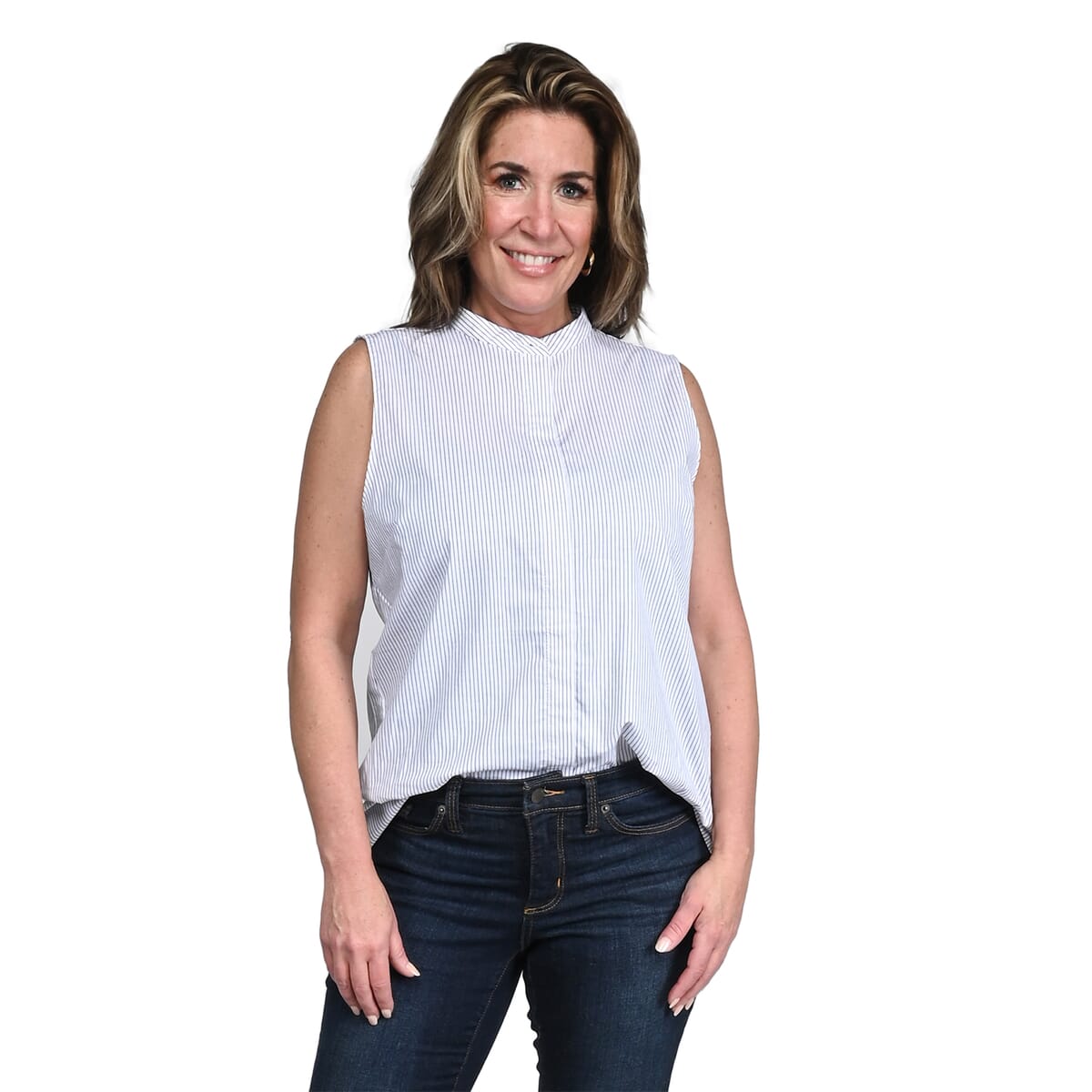 Tahari White with Black Striped Sleeveless Button-up Blouse - S image number 0