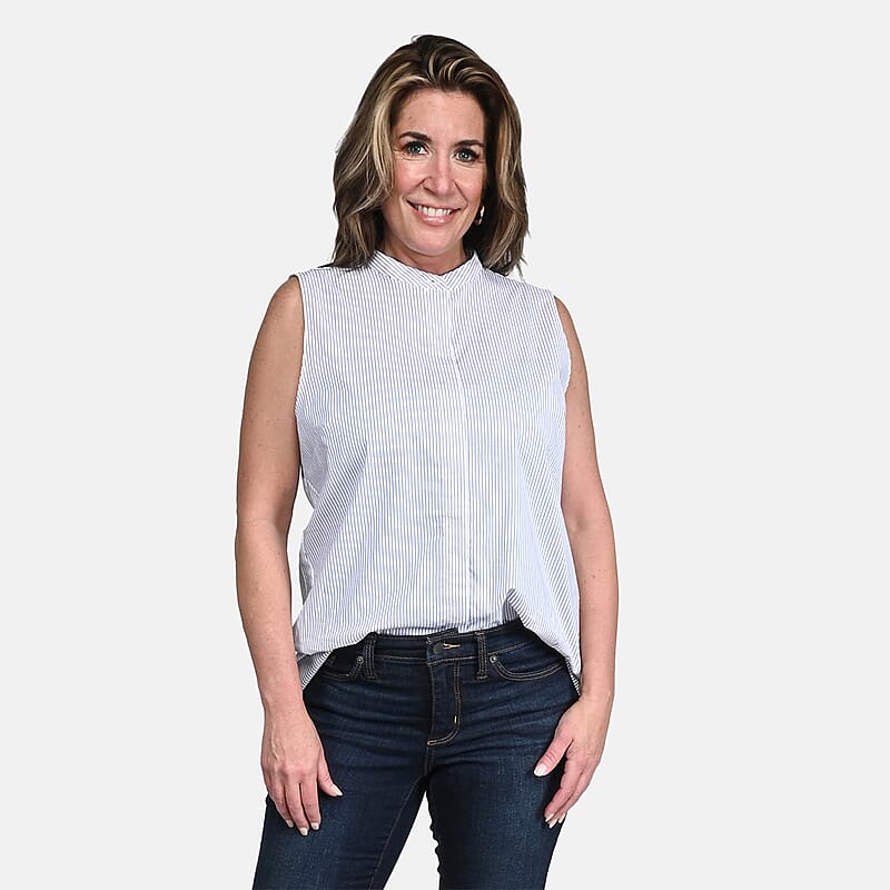 Tahari White with Black Striped Sleeveless Button-up Blouse - S