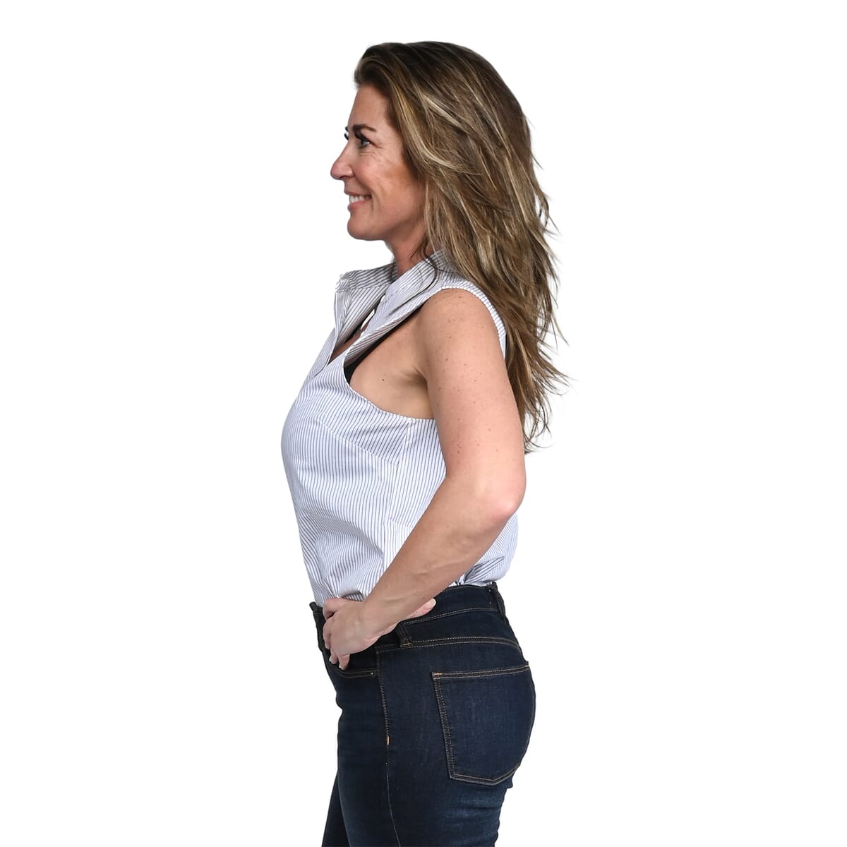 Tahari White with Black Striped Sleeveless Button-up Blouse - S image number 2