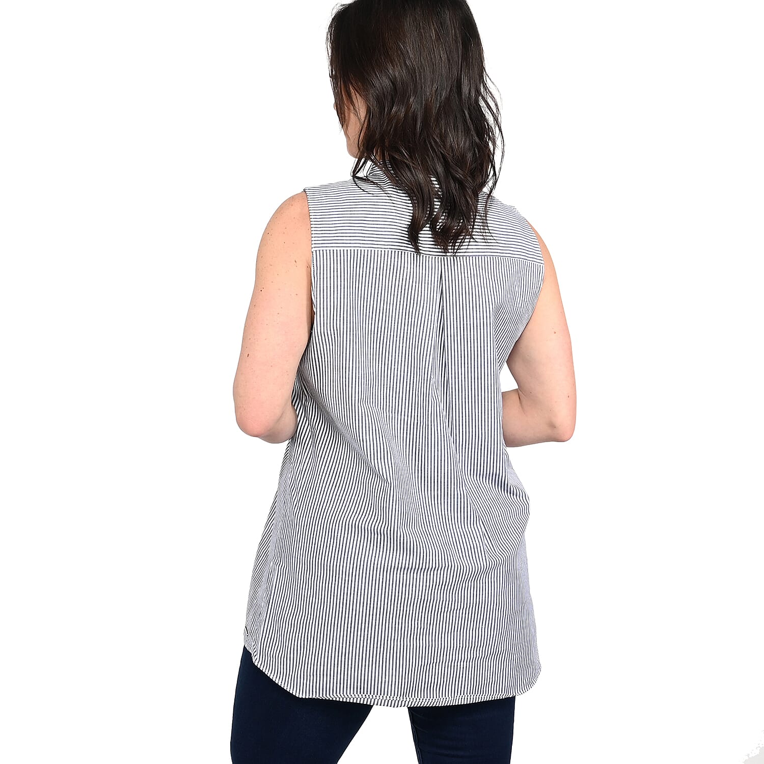 TAHARI Blue with White Striped Sleeveless Button-up Blouse - S