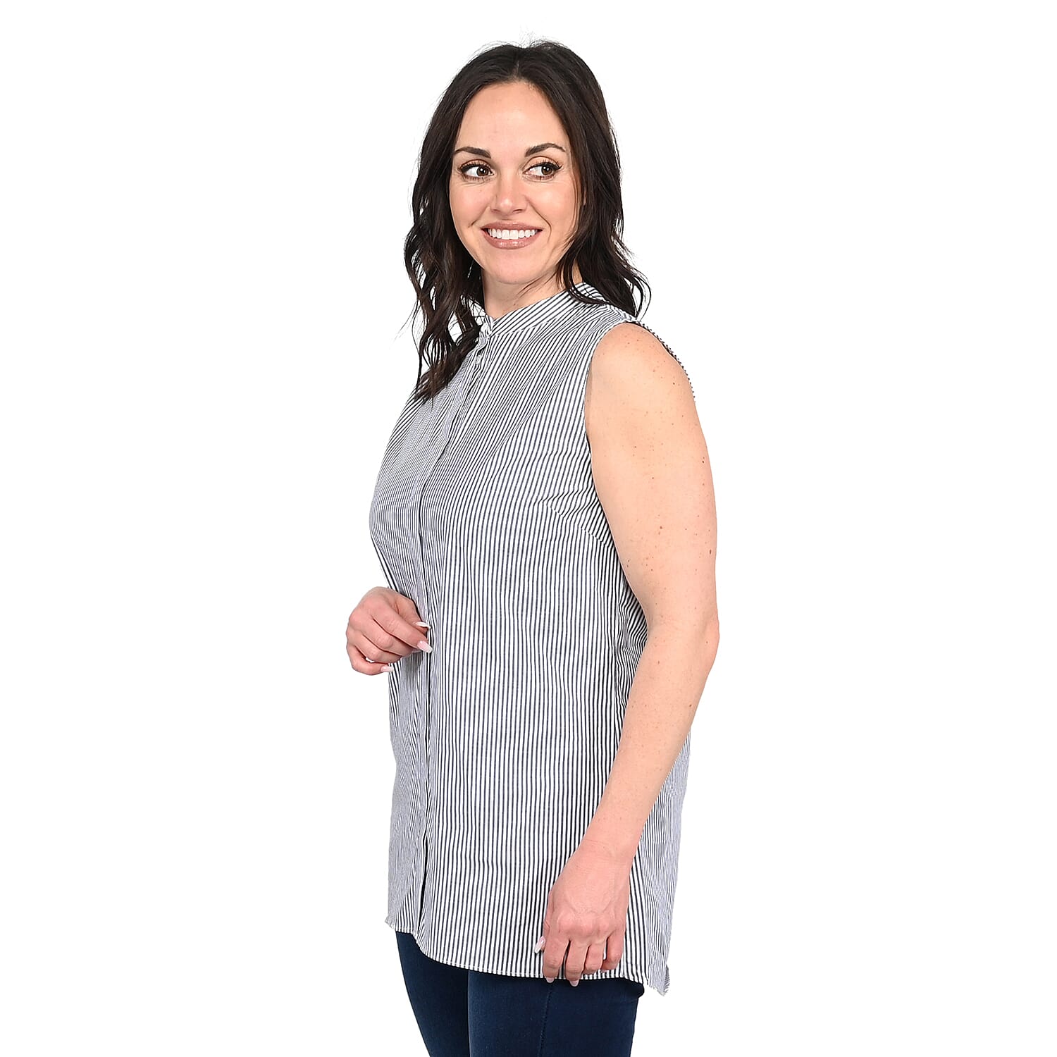 TAHARI Blue with White Striped Sleeveless Button-up Blouse - S